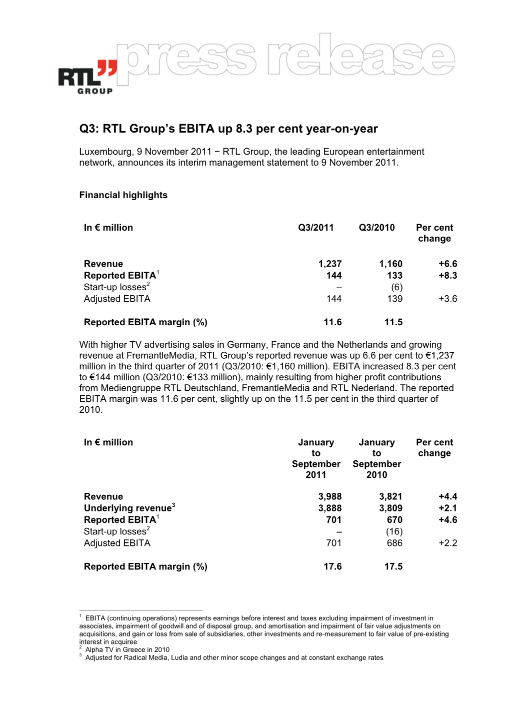 Q3: RTL Group's EBITA up 8.3 Per Cent Year-On-Year