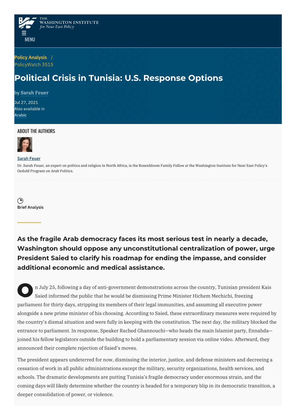 Political Crisis in Tunisia: U.S