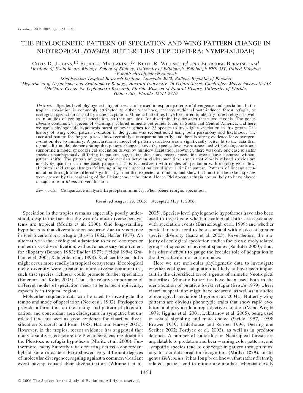 The Phylogenetic Pattern of Speciation and Wing Pattern Change in Neotropical Ithomia Butterflies (Lepidoptera: Nymphalidae)