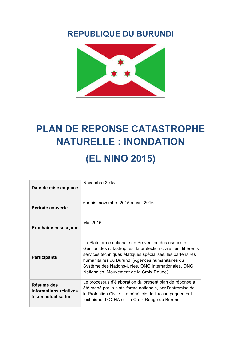 Plan De Reponse Catastrophe Naturelle : Inondation (El Nino 2015)