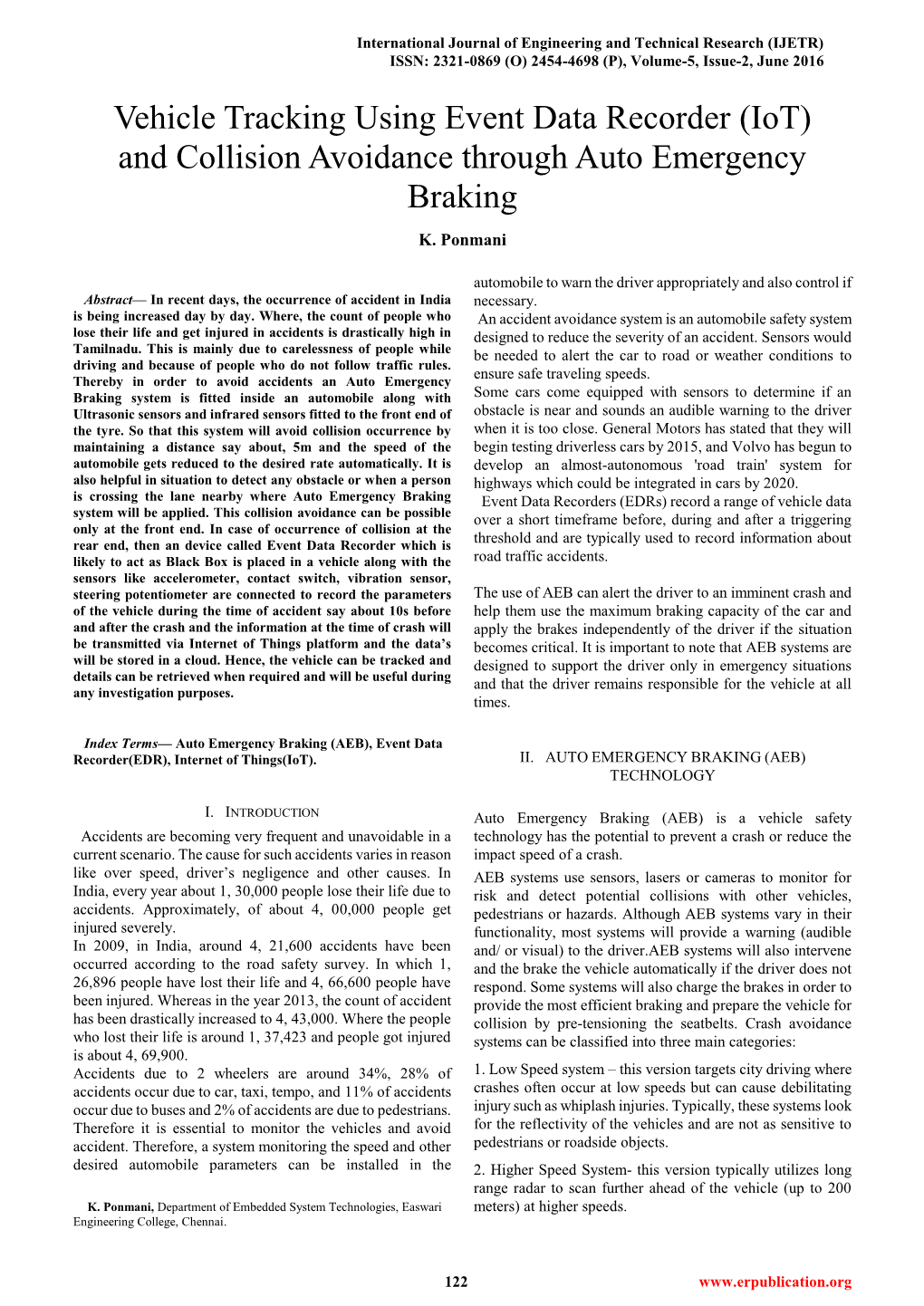 Vehicle Tracking Using Event Data Recorder (Iot) and Collision Avoidance Through Auto Emergency Braking K