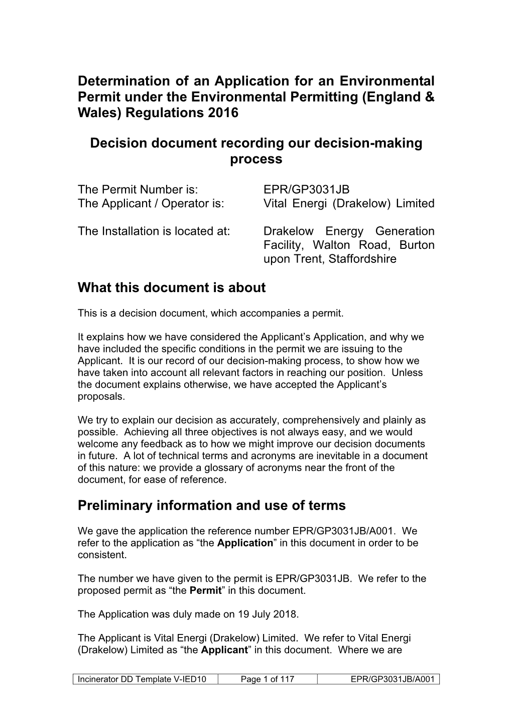 Determination of an Application for an Environmental Permit Under the Environmental Permitting (England & Wales) Regulations 2016