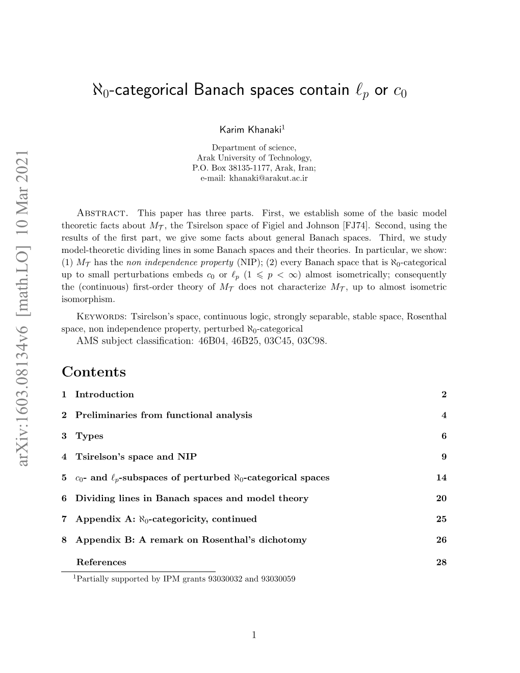 Arxiv:1603.08134V6 [Math.LO] 10 Mar 2021 ℵ0-Categorical Banach Spaces Contain ℓp Or C0