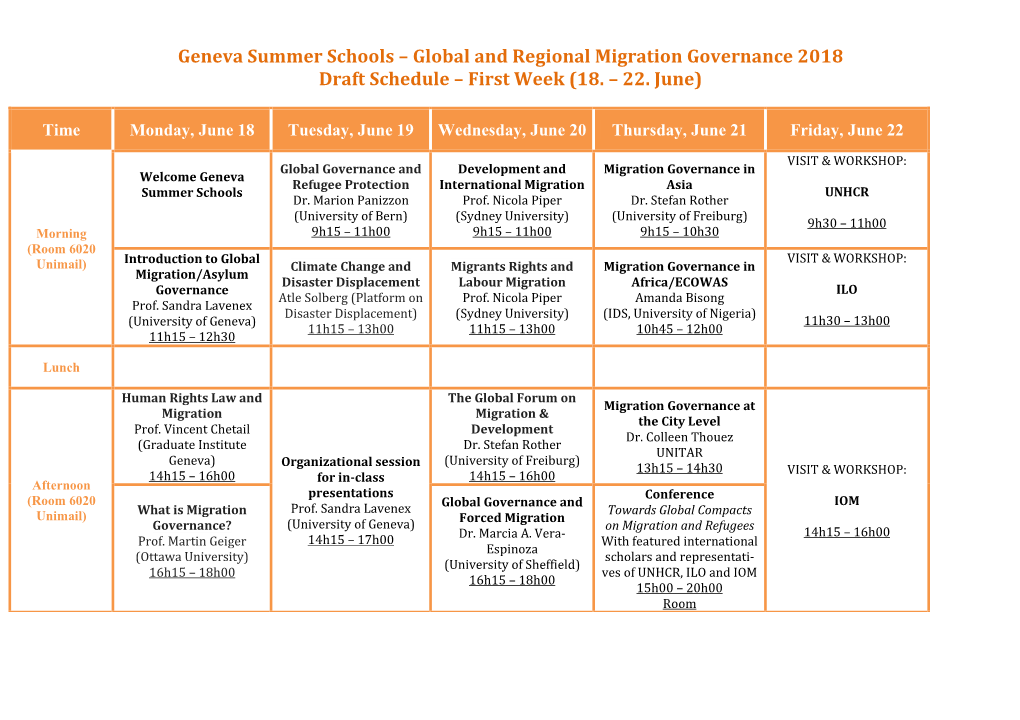 Geneva Summer Schools – Global and Regional Migration Governance 2018 Draft Schedule – First Week (18