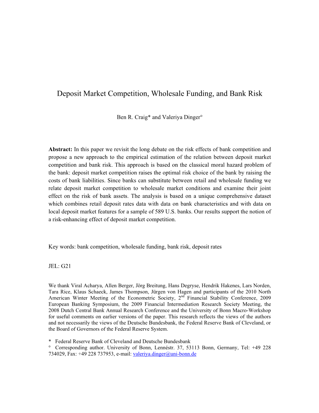 Deposit Market Competition, Wholesale Funding, and Bank Risk