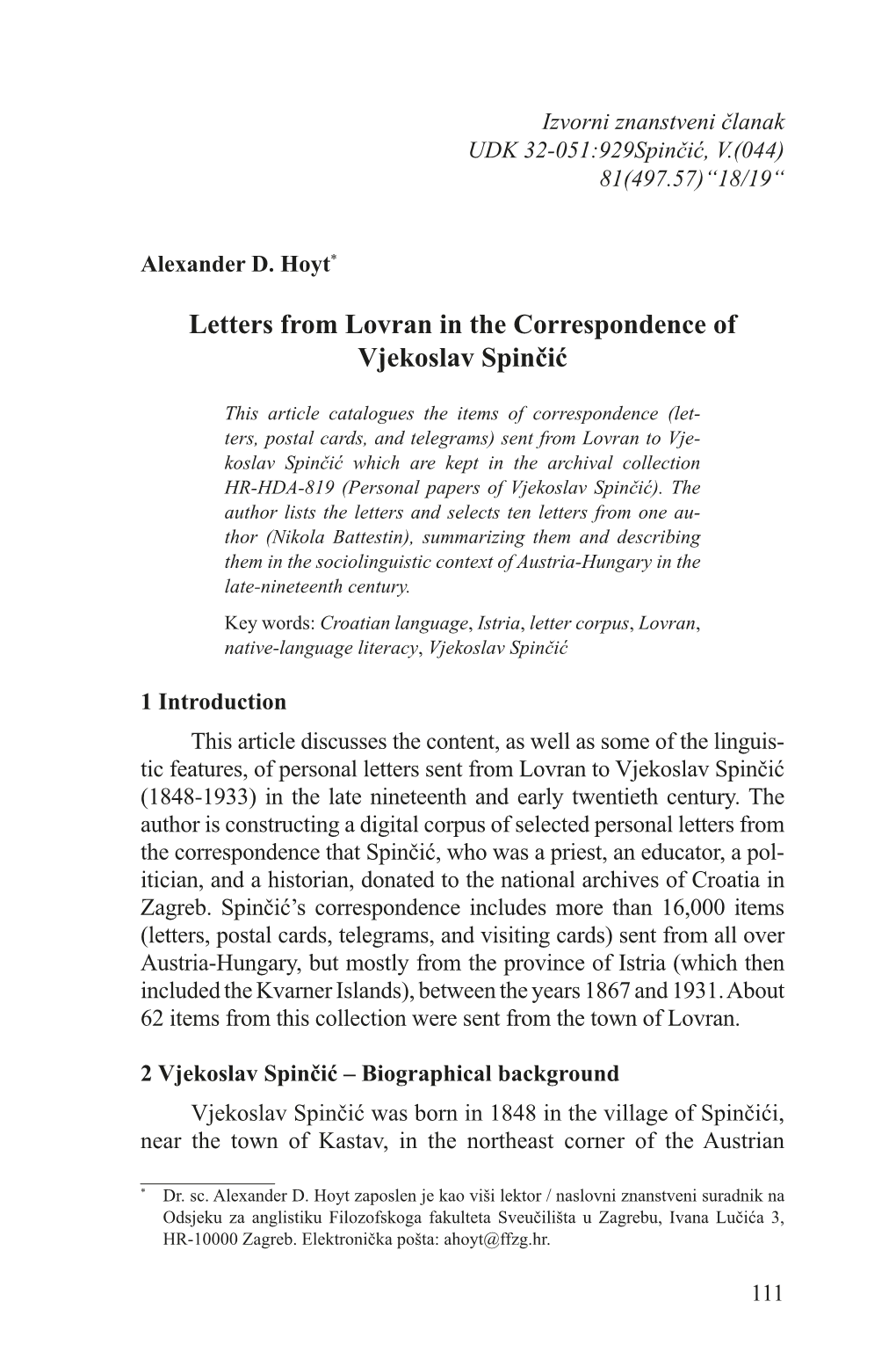 Letters from Lovran in the Correspondence of Vjekoslav Spinčić