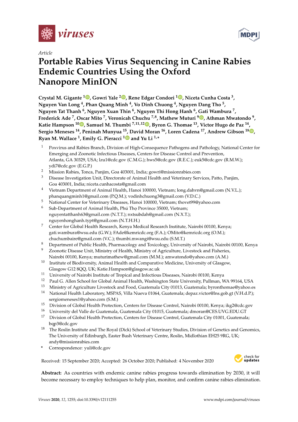 Portable Rabies Virus Sequencing in Canine Rabies Endemic Countries Using the Oxford Nanopore Minion