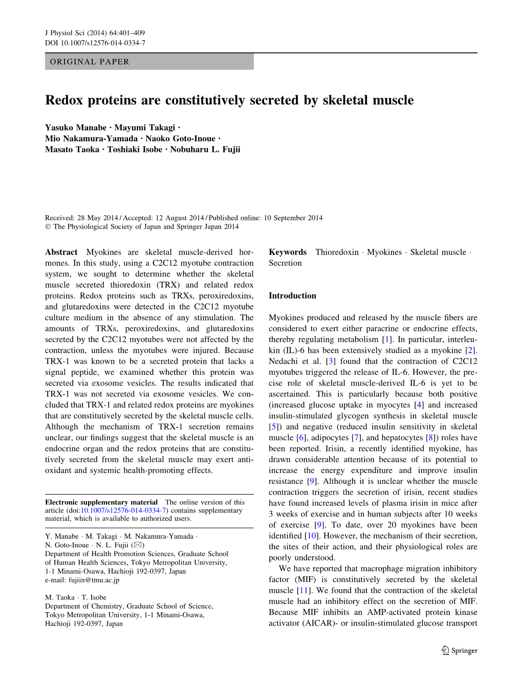 Redox Proteins Are Constitutively Secreted by Skeletal Muscle