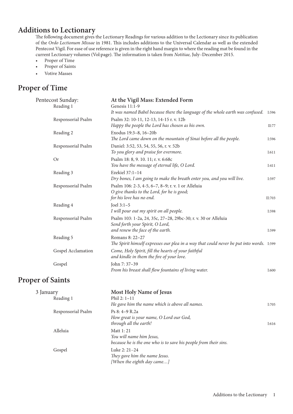 Additions to Lectionary Proper of Time Proper of Saints