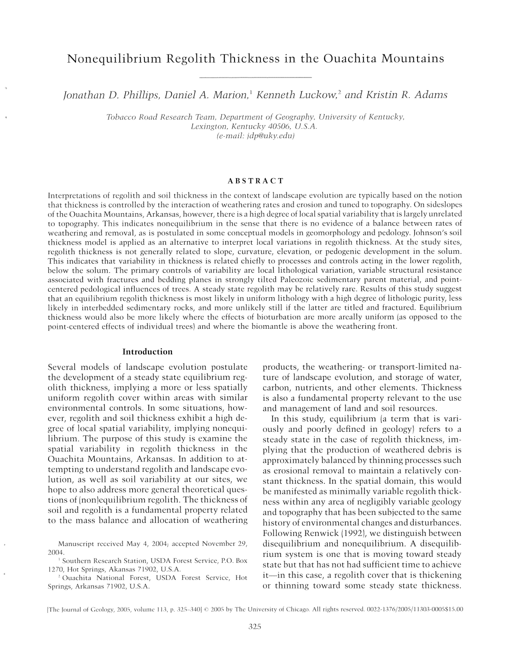 Nonequilihriurn Regolith Thickness in the Ouachita Mountains