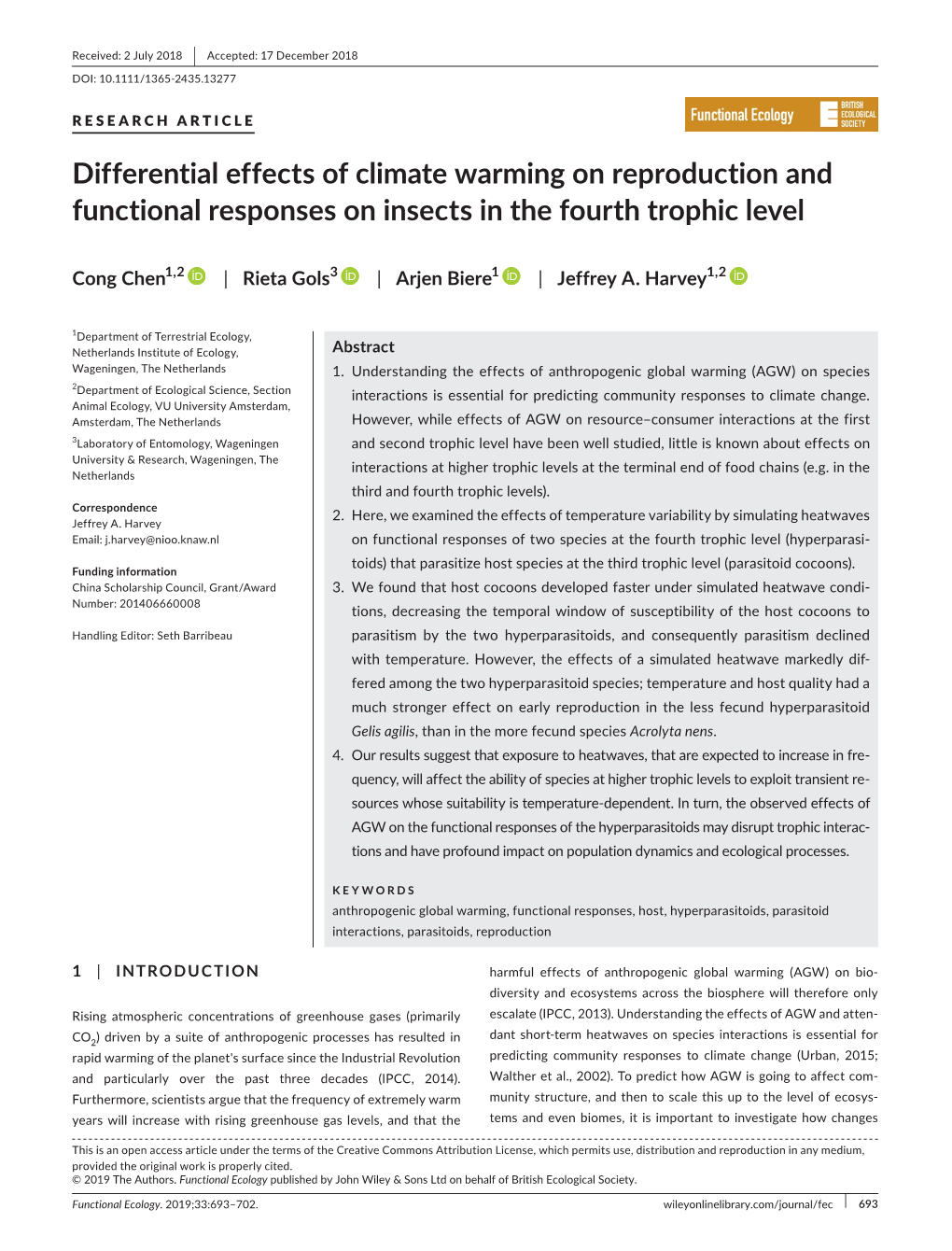 Differential Effects of Climate Warming on Reproduction and Functional Responses on Insects in the Fourth Trophic Level