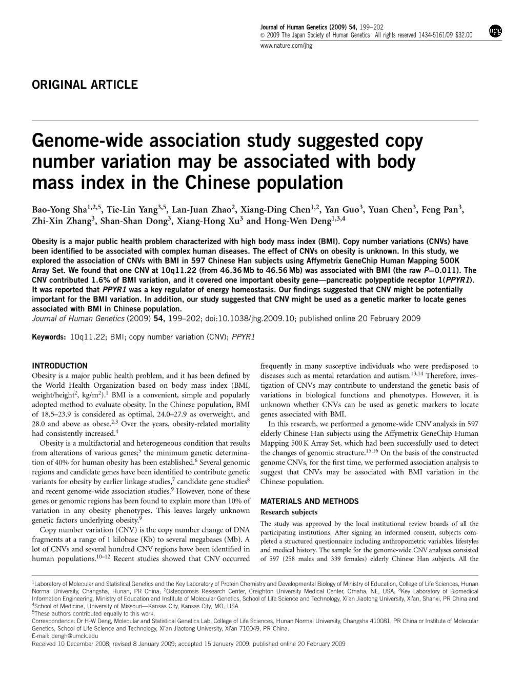 Genome-Wide Association Study Suggested Copy Number Variation May Be Associated with Body Mass Index in the Chinese Population