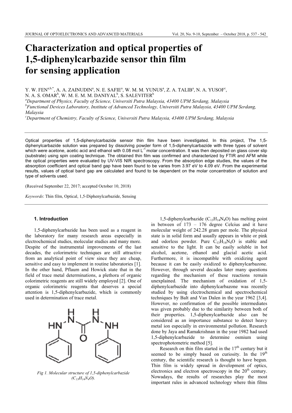 Characterization and Optical Properties of 1,5-Diphenylcarbazide Sensor Thin Film for Sensing Application