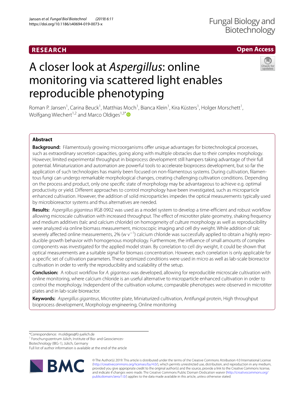 Aspergillus: Online Monitoring Via Scattered Light Enables Reproducible Phenotyping Roman P