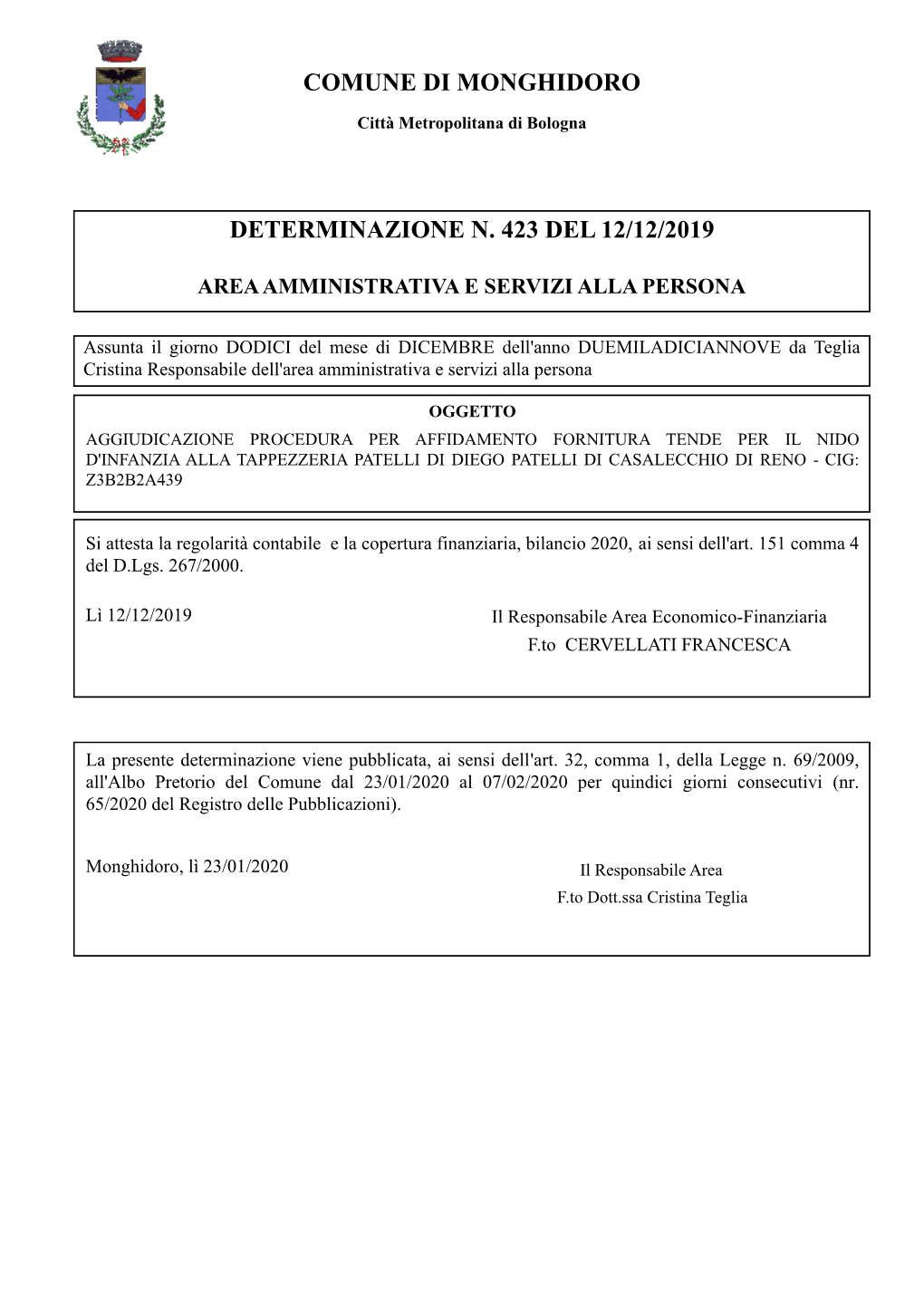 Determinazione N. 423 Del 12/12/2019