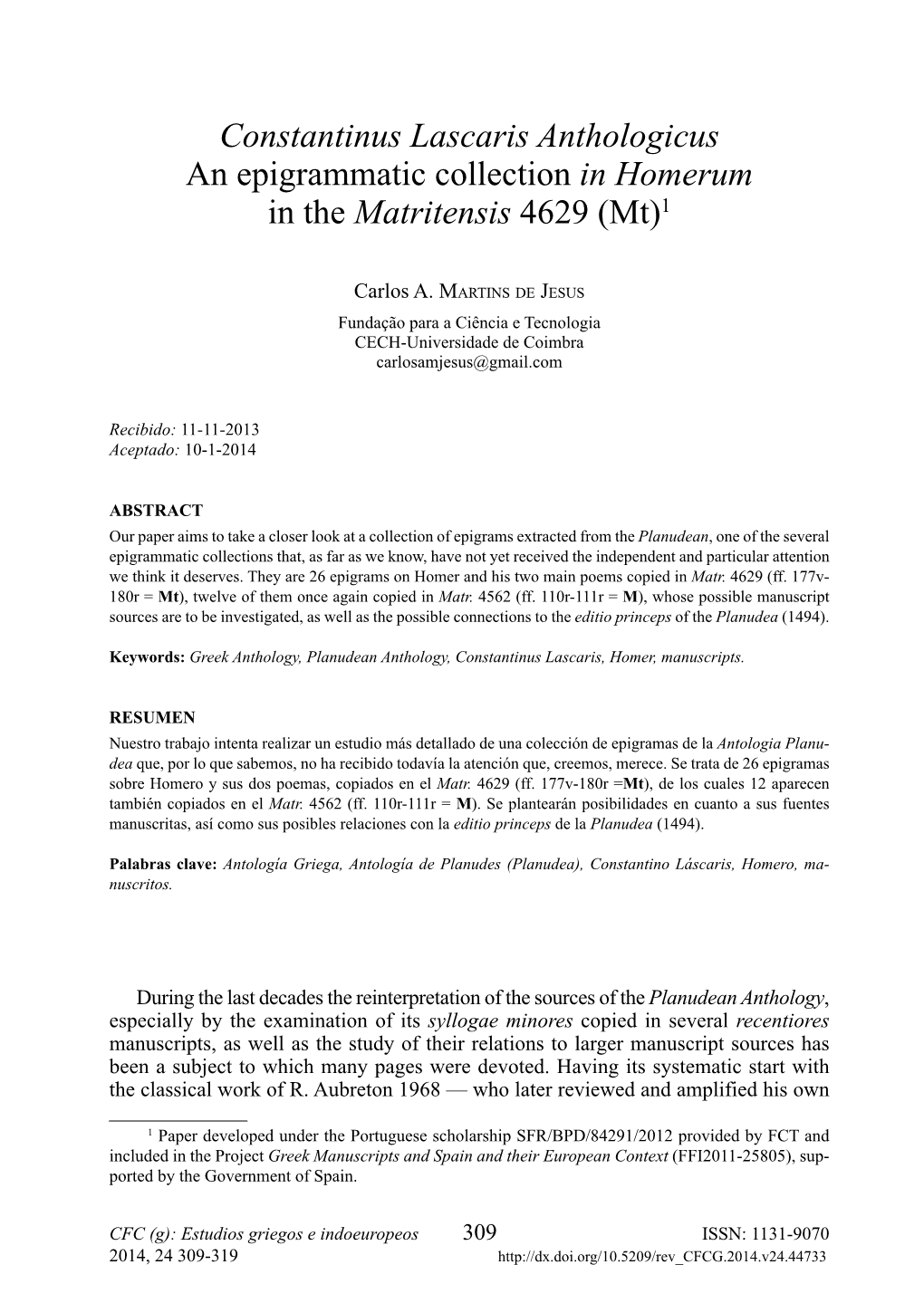 Constantinus Lascaris Anthologicus an Epigrammatic Collection in Homerum in the Matritensis 4629 (Mt)1