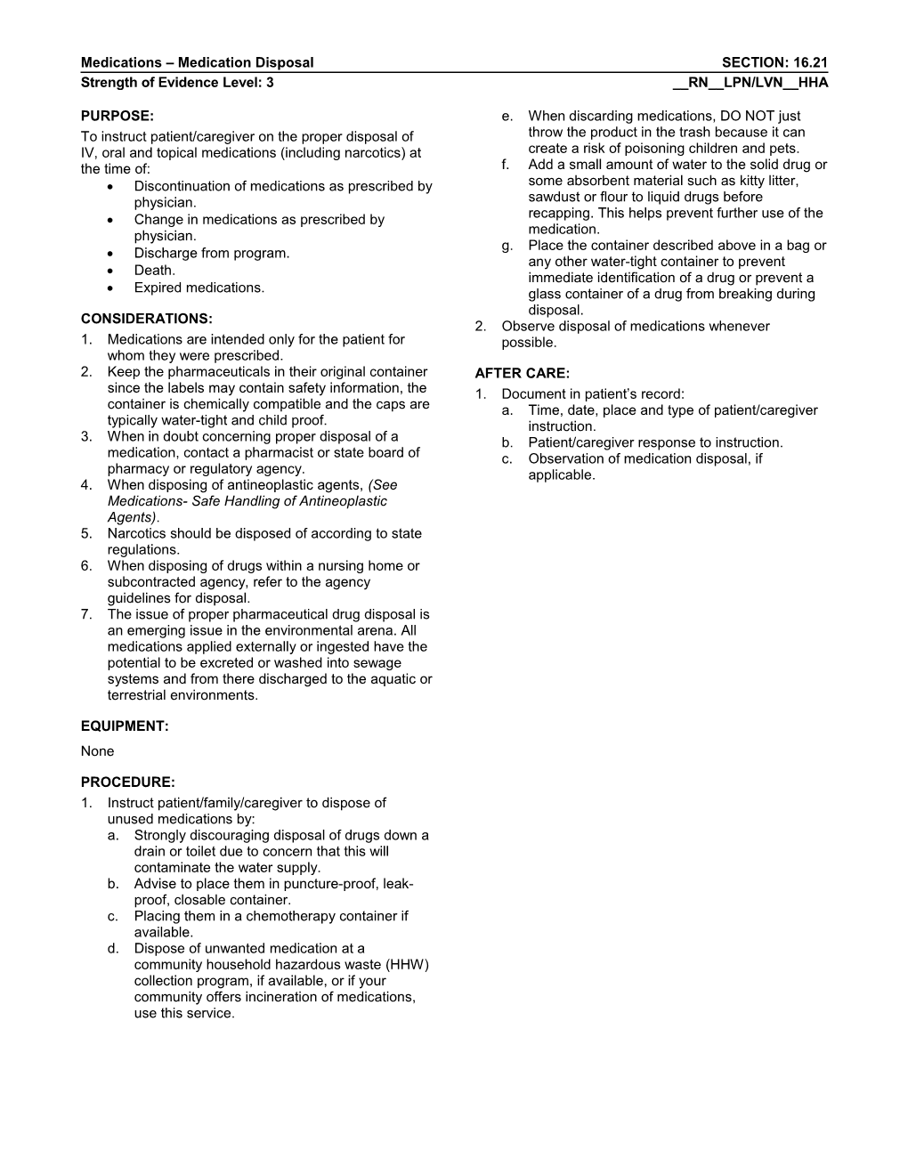 Medications Medication Disposalsection: 16.21