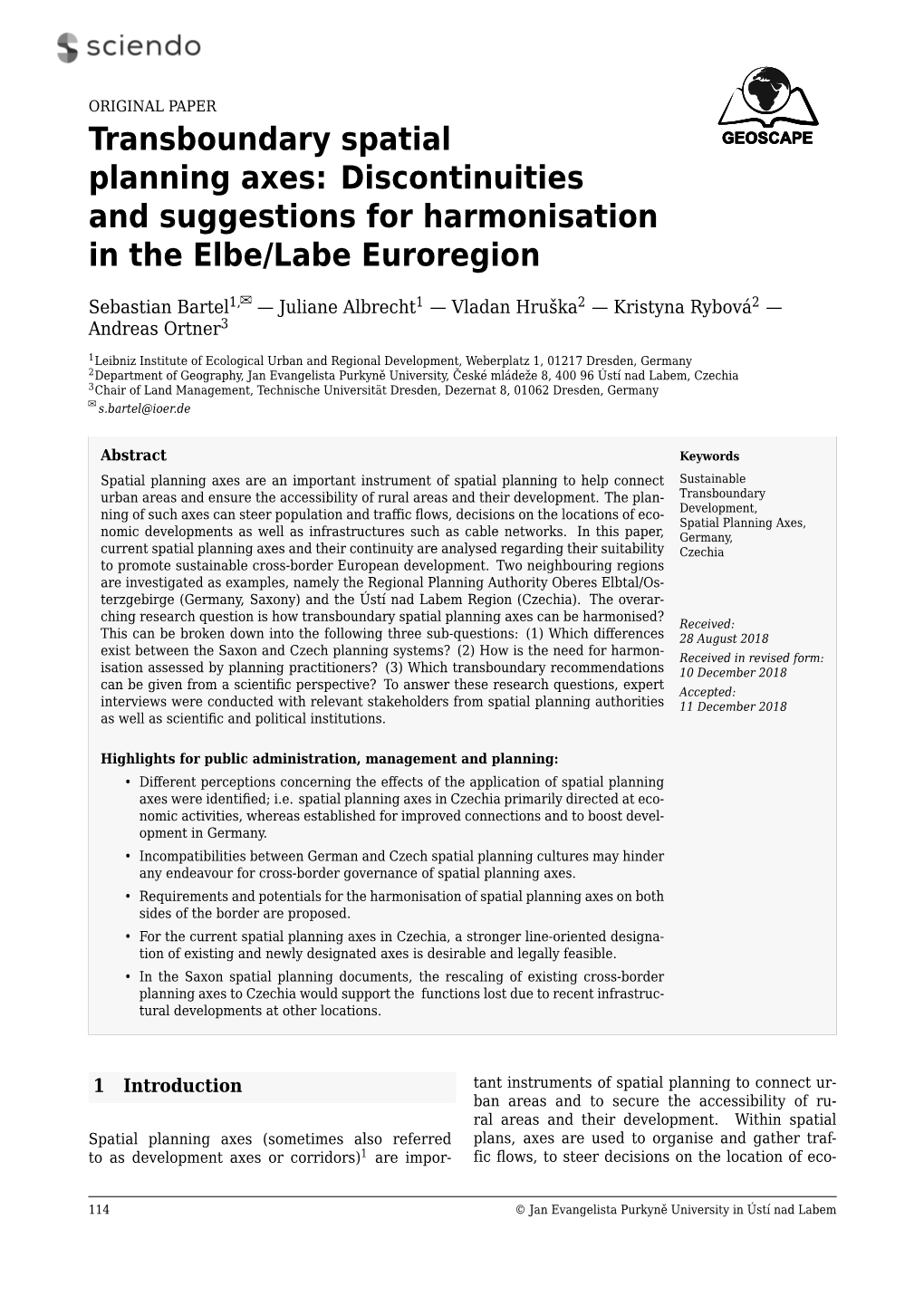 Transboundary Spatial Planning Axes: Discontinuities and Suggestions for Harmonisation in the Elbe/Labe Euroregion