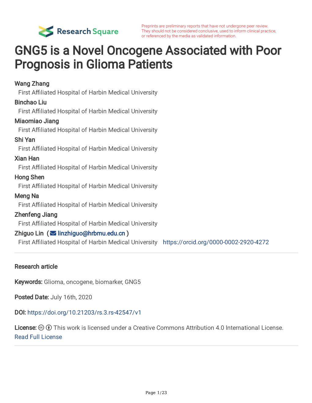 GNG5 Is a Novel Oncogene Associated with Poor Prognosis in Glioma Patients