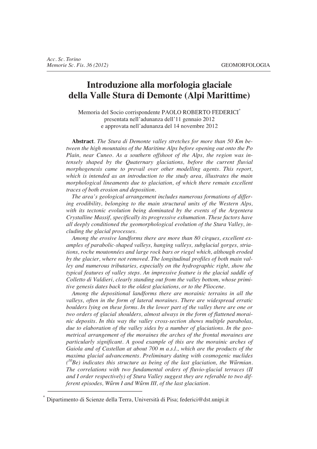 Introduzione Alla Morfologia Glaciale Della Valle Stura Di Demonte (Alpi Marittime)