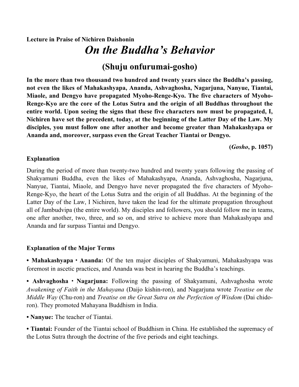 On the Buddha's Behavior