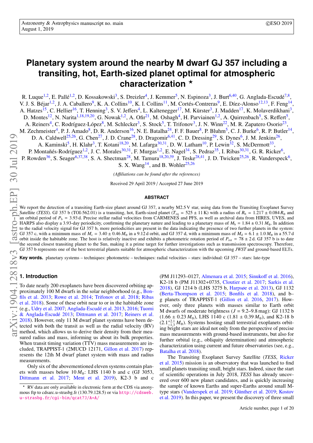 Arxiv:1904.12818V3 [Astro-Ph.EP] 30 Jul 2019 Sured Radius and Mass, Informing Us About Its Bulk Properties