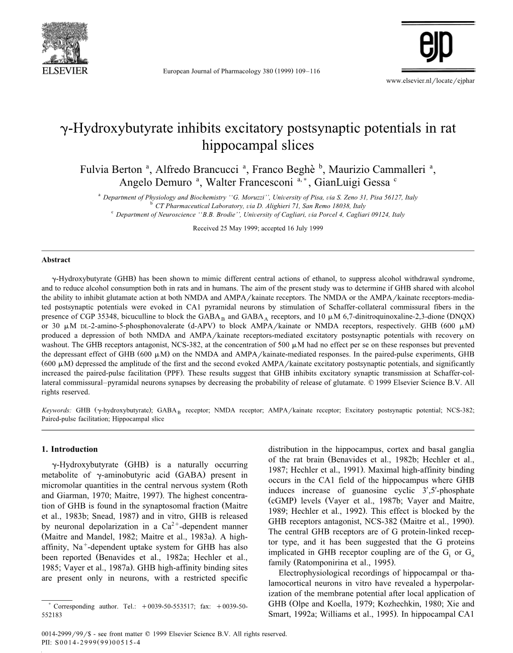 G-Hydroxybutyrate Inhibits Excitatory Postsynaptic Potentials in Rat