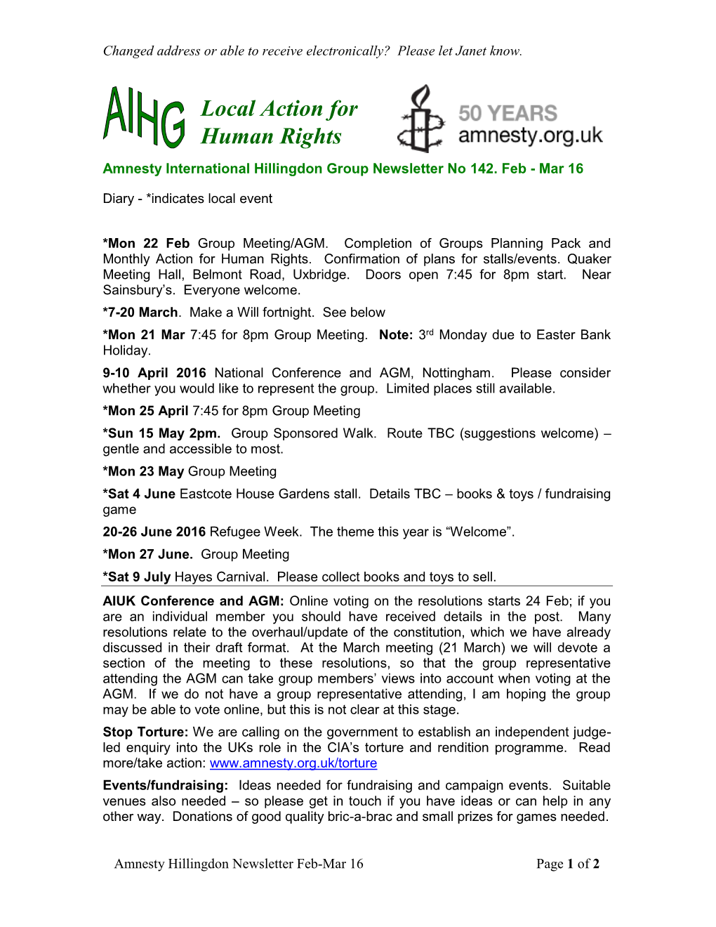 Amnesty Hillingdon Newsletter Feb-Mar 2016