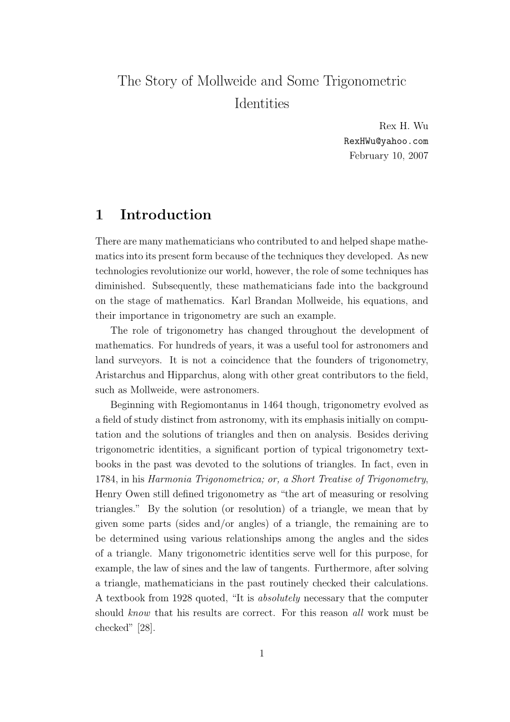 The Story of Mollweide and Some Trigonometric Identities 1 Introduction