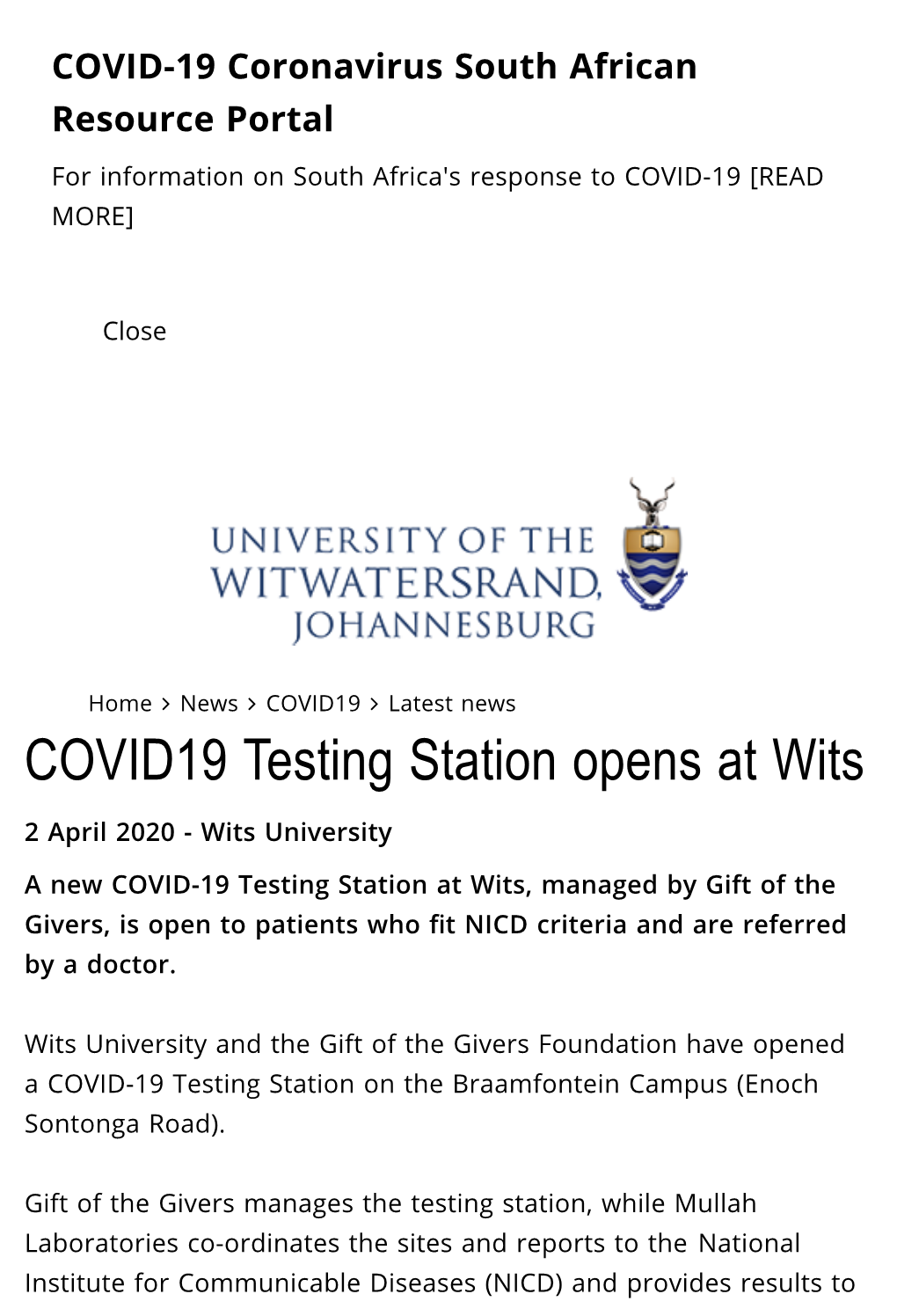 COVID-19 Testing Station Opens at Wits