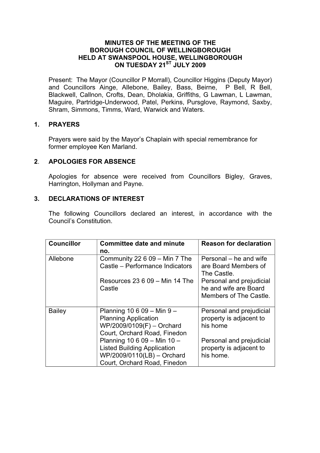 Minutes of the Meeting of the Borough Council of Wellingborough Held at Swanspool House, Wellingborough on Tuesday 21St July 2009