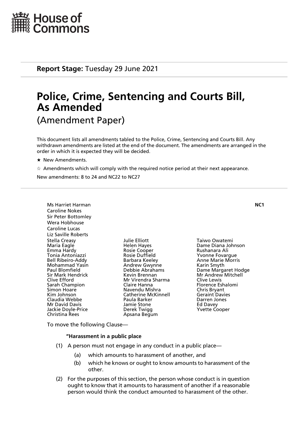 Police, Crime, Sentencing and Courts Bill, As Amended (Amendment Paper)