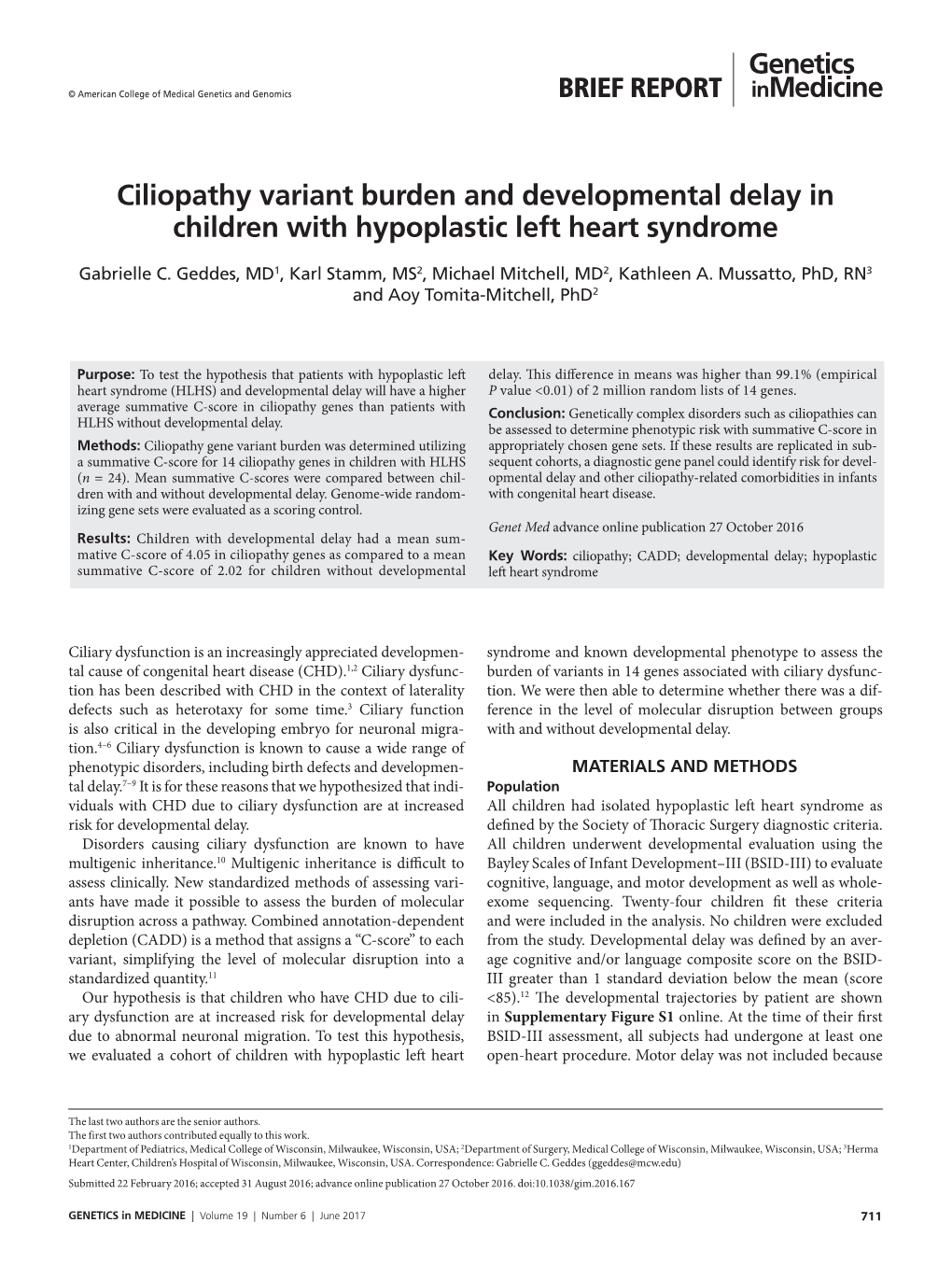 Ciliopathy Variant Burden and Developmental Delay in Children with Hypoplastic Left Heart Syndrome