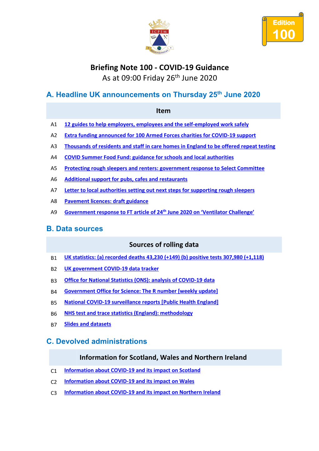 COVID-19 Guidance As at 09:00 Friday 26Th June 2020