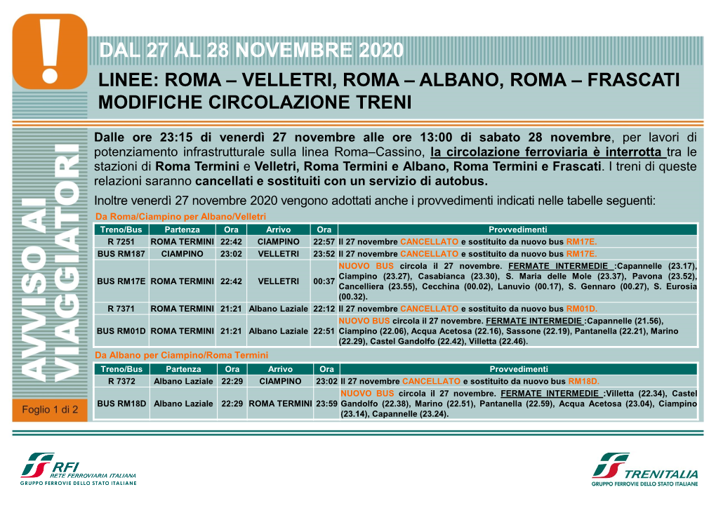 Dal 27 Al 28 Novembre 2020 Linee: Roma – Velletri, Roma – Albano, Roma – Frascati Modifiche Circolazione Treni