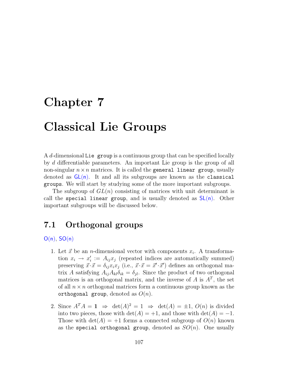 Chapter 7 Classical Lie Groups