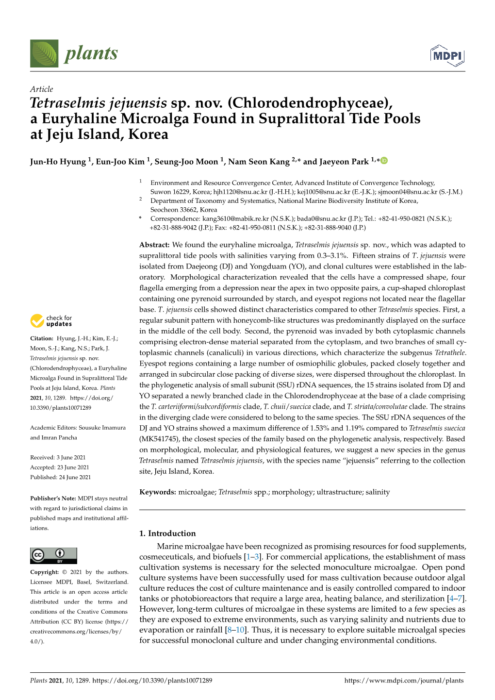 Tetraselmis Jejuensis Sp. Nov. (Chlorodendrophyceae), a Euryhaline Microalga Found in Supralittoral Tide Pools at Jeju Island, Korea