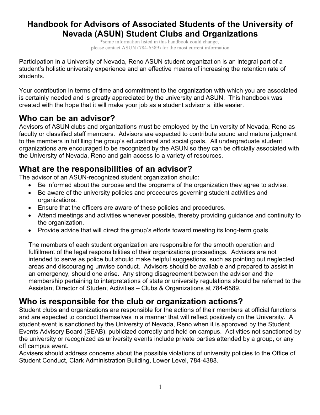 Handbook for Advisors of UNR/ASUN Student Clubs and Organizations