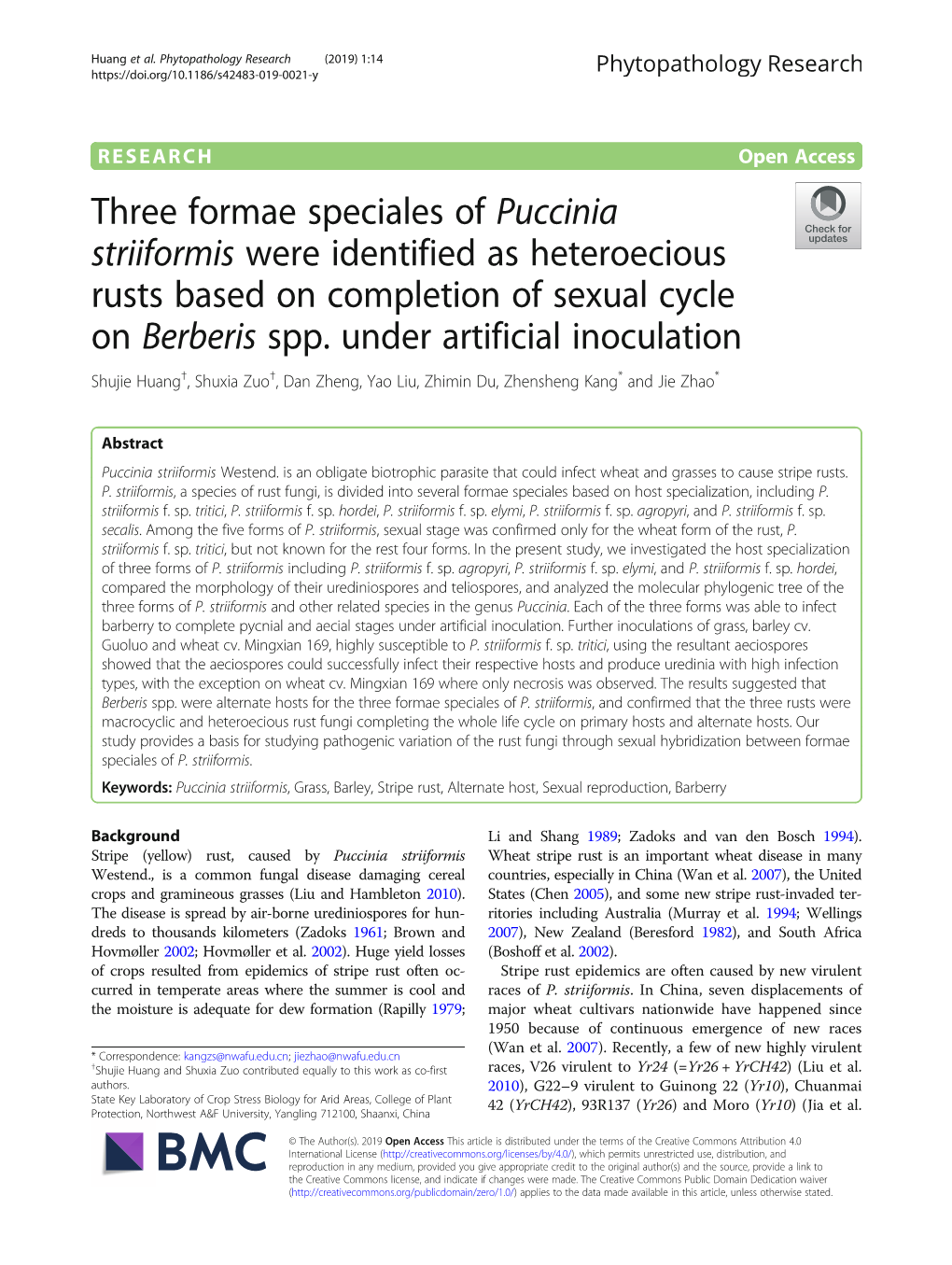 Three Formae Speciales of Puccinia Striiformis Were Identified As Heteroecious Rusts Based on Completion of Sexual Cycle on Berberis Spp