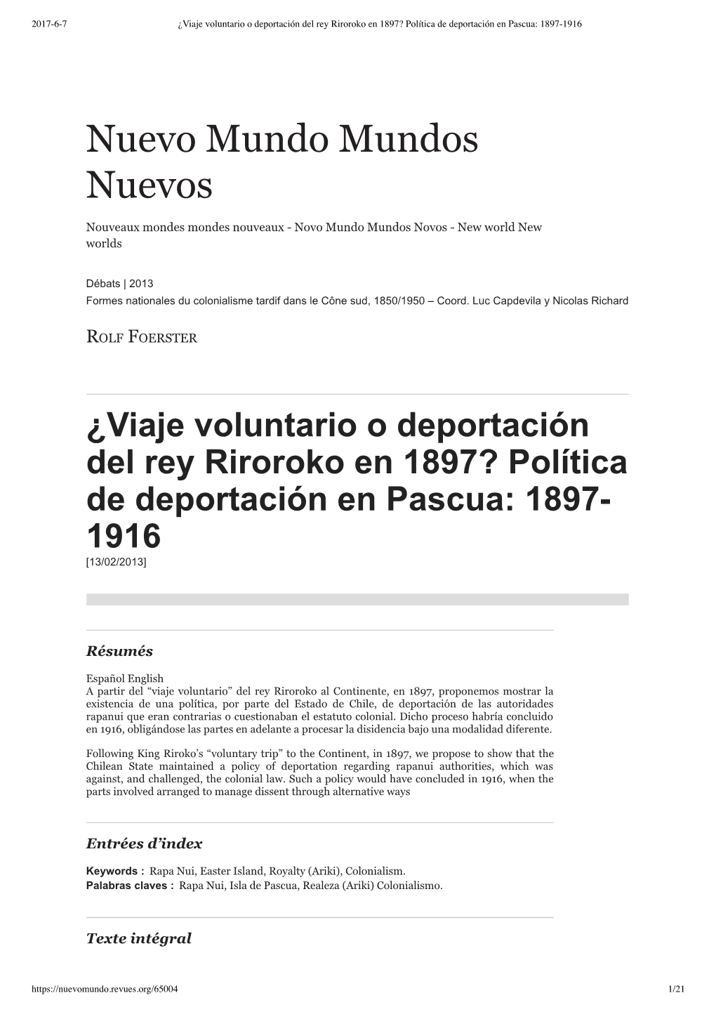 ¿Viaje Voluntario O Deportación Del Rey Riroroko En 1897? Política De Deportación En Pascua: 1897-1916