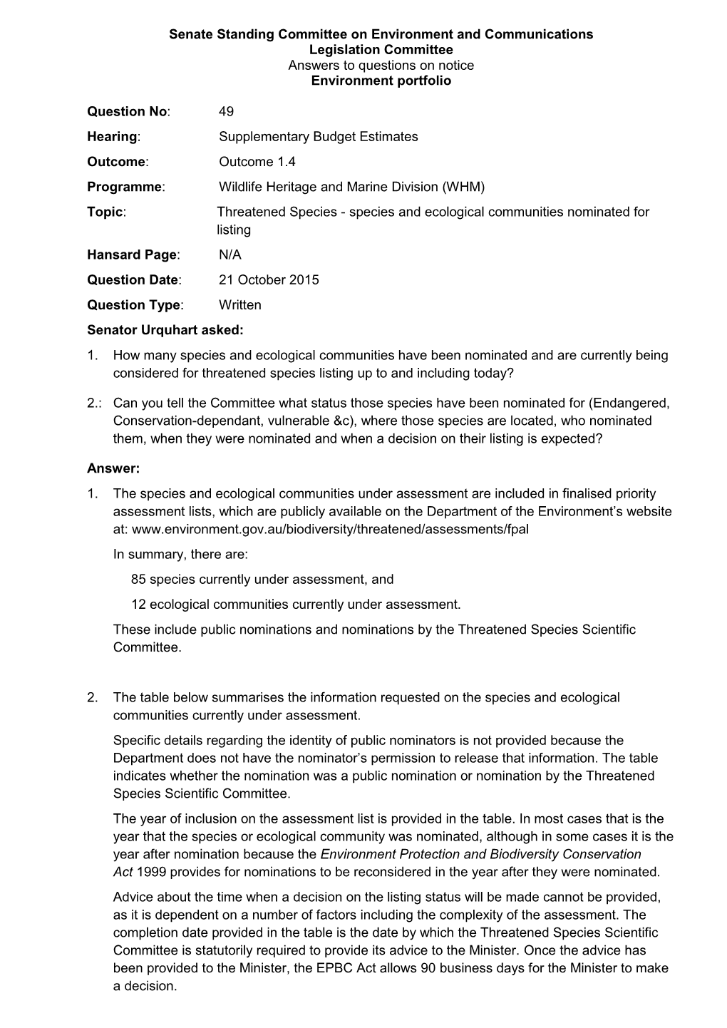 Environment and Communications Legislation Committee Answers to Questions on Notice Environment Portfolio