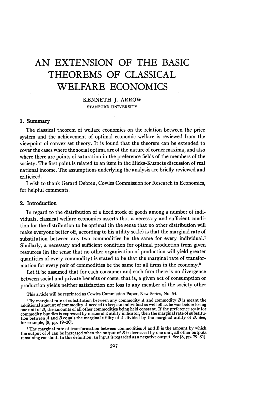 An Extension of the Basic Theorems of Classical Welfare Economics Kenneth J