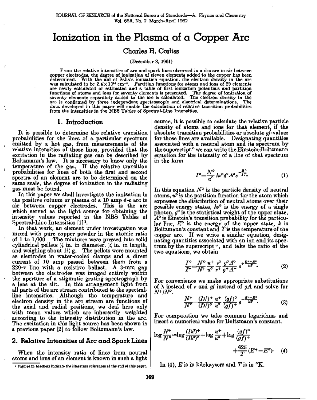 Ionization in the Plasma of a Copper Arc Charles H