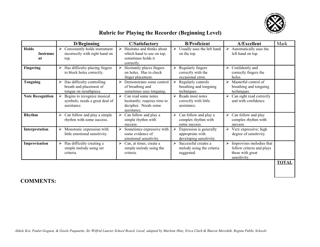 Rubric For Playing The Recorder