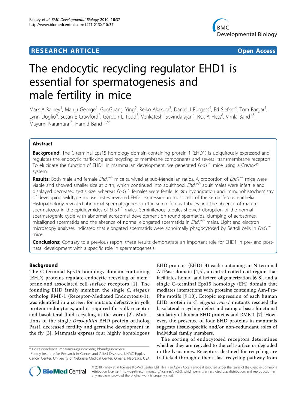 The Endocytic Recycling Regulator EHD1 Is Essential For
