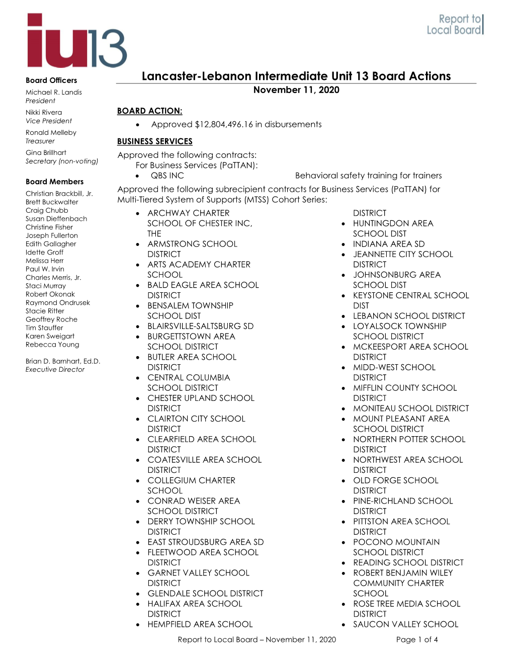 Intermediate Unit 13 Board Actions Michael R