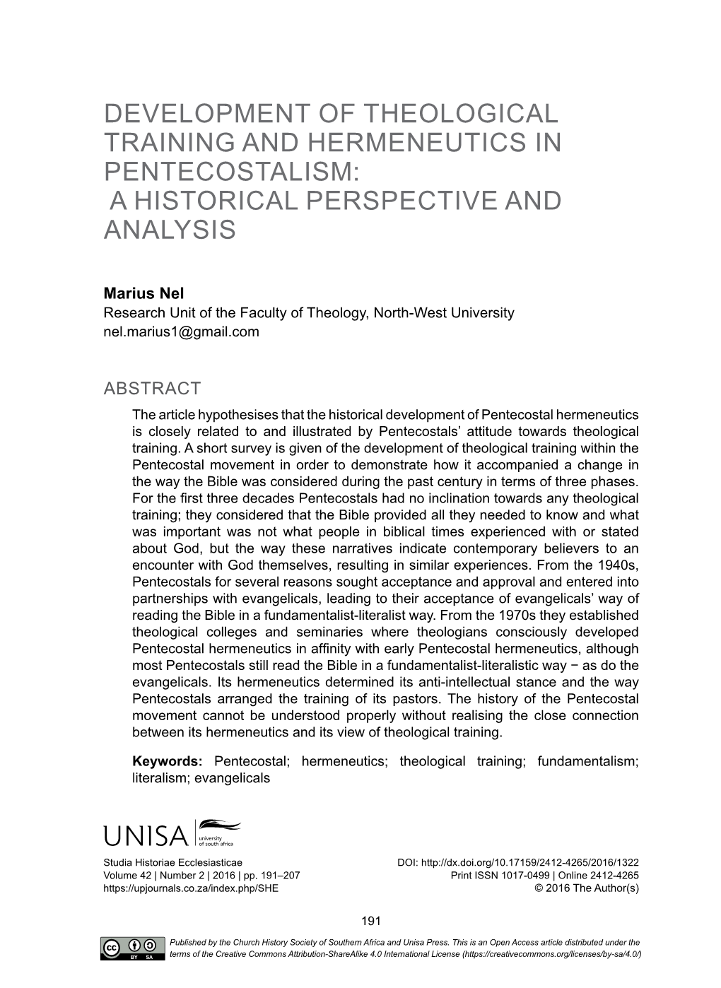 Development of Theological Training and Hermeneutics in Pentecostalism: a Historical Perspective and Analysis