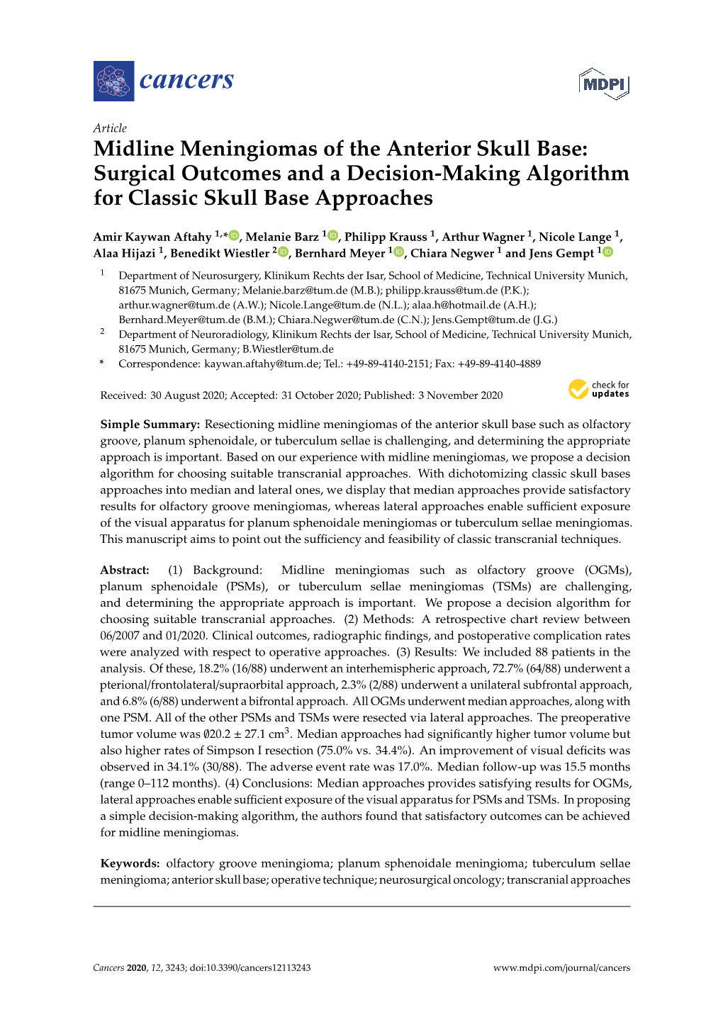 Midline Meningiomas of the Anterior Skull Base: Surgical Outcomes and a Decision-Making Algorithm for Classic Skull Base Approaches