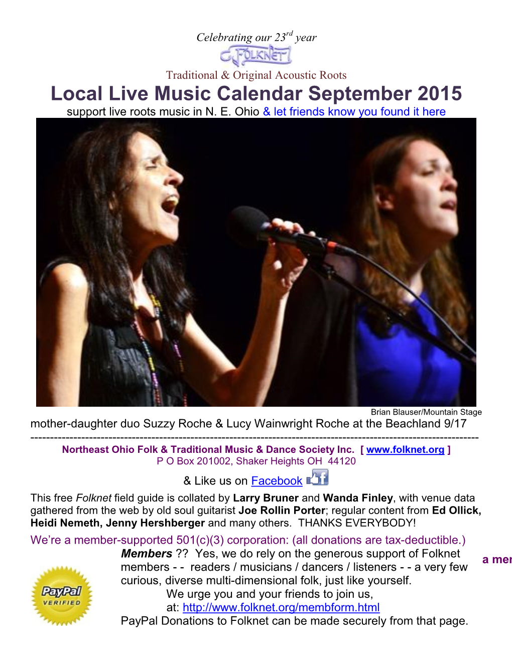 Local Live Music Calendar September 2015 Support Live Roots Music in N