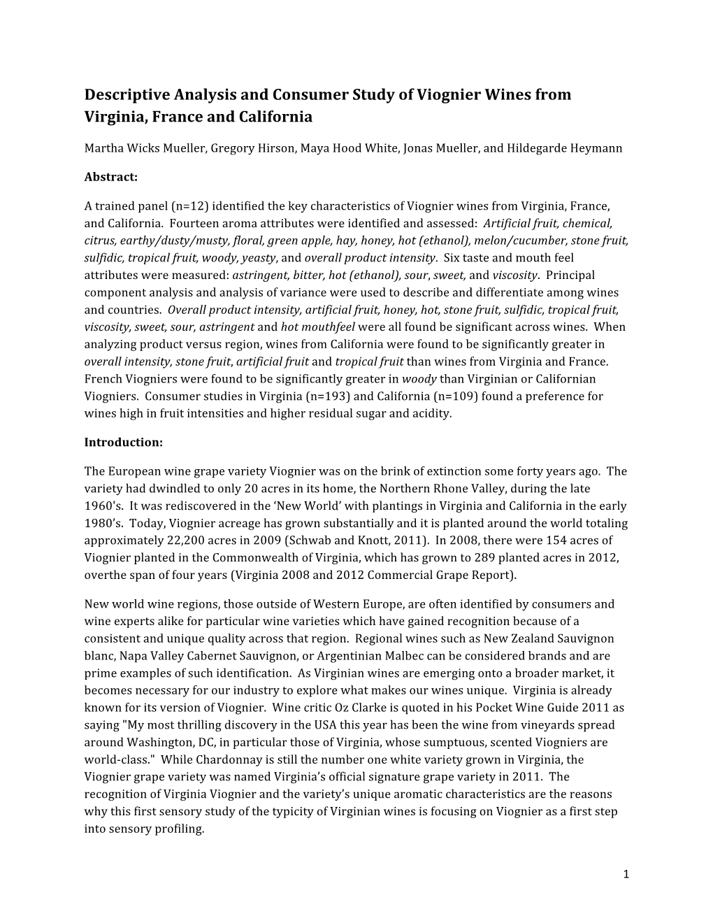 Descriptive Analysis and Consumer Study of Viognier Wines from Virginia, France and California
